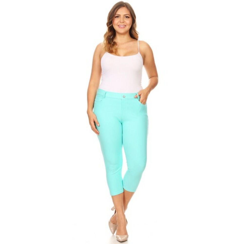Yelete Women's Plus Size Pants Solid Straight Leg Crop Turquoise Sz XL 2XL 3XL